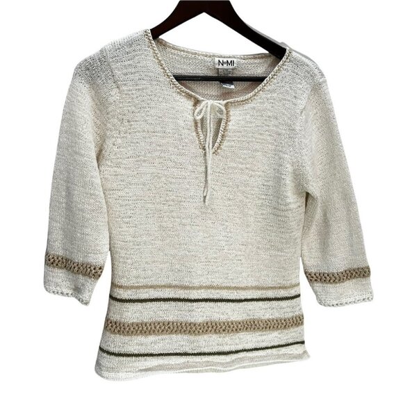 vintage 90's Nomi🎀Cotton Blend Beige Boho Sweater Tie Neckline Size M - Picture 1 of 8
